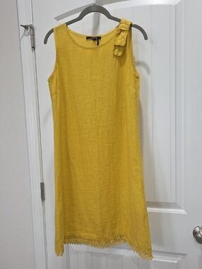 Charlie B 100% Linen Shift Dress Yellow With Bow, Size Sp